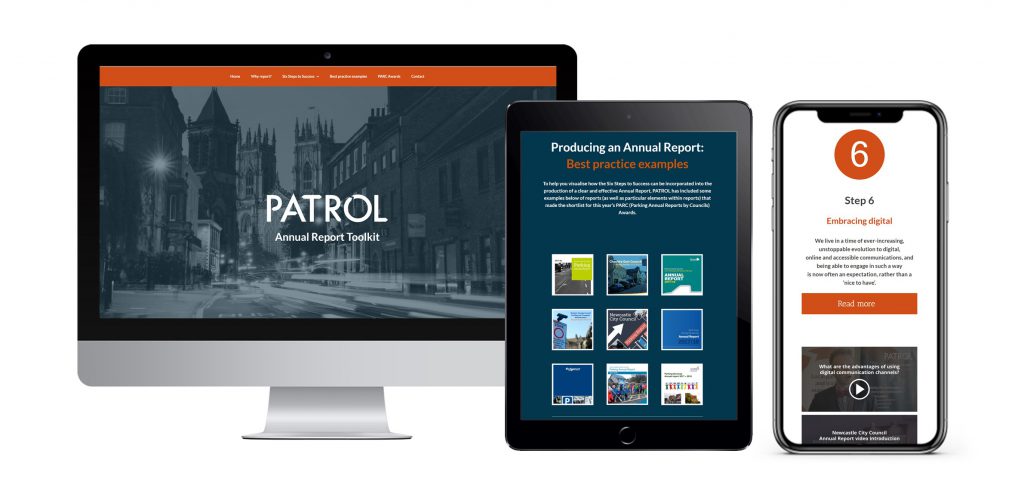 Screenshots of different sections of the PATROL Annual Report Toolkit, shown on a widescreen monitor, tablet and smartphone