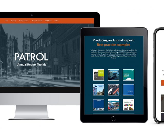 Screenshots of different sections of the PATROL Annual Report Toolkit, shown on a widescreen monitor, tablet and smartphone