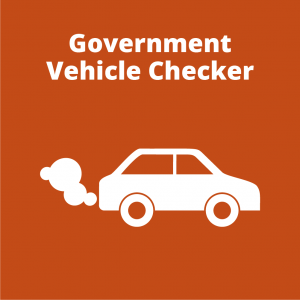 Clickable orange button showing action to view the UK Governments vehicle emissions checker in relation to Clean Air Zone charging with the words Government Vehicle Checker and a white icon of a car emitting exhaust fumes